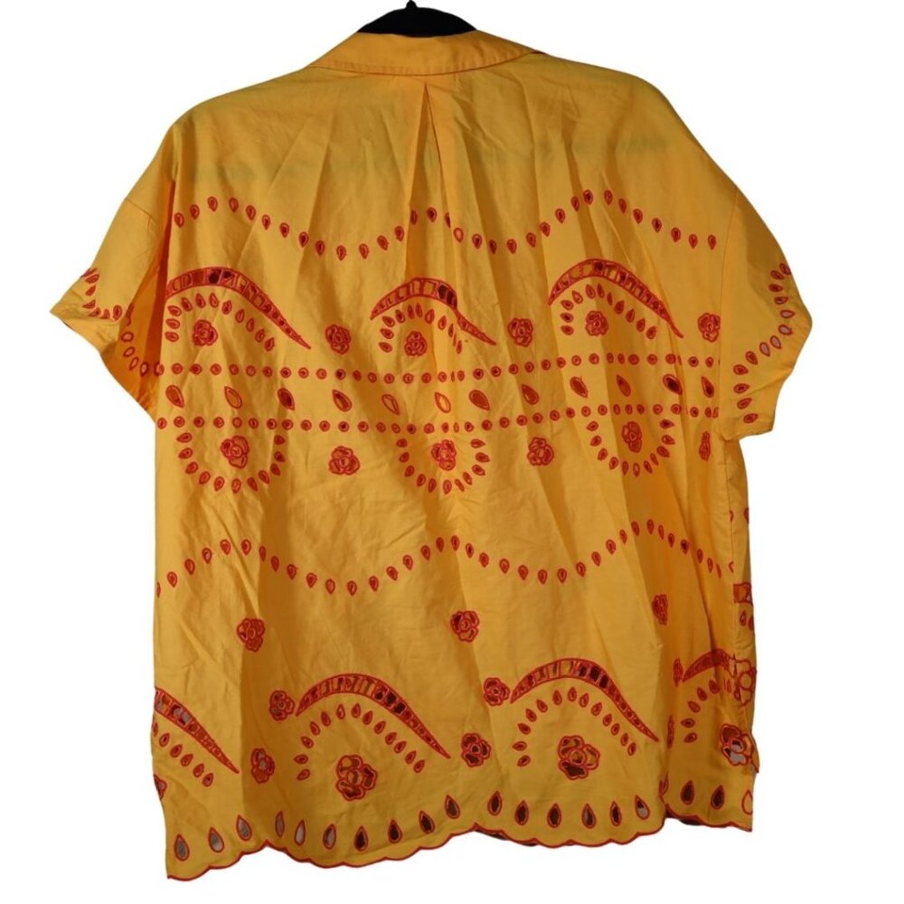 EUC Maeve Short-Sleeve Boxy Eyelet Popover Blouse Orange Motif Medium - Picture 4 of 4